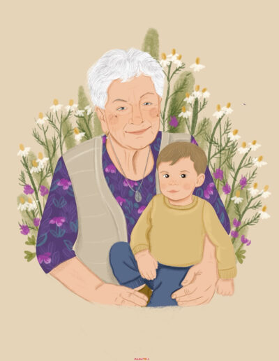 Ilustrowany portret babci z wnukiem ze zdjęcia, wśród polnych kwiatów